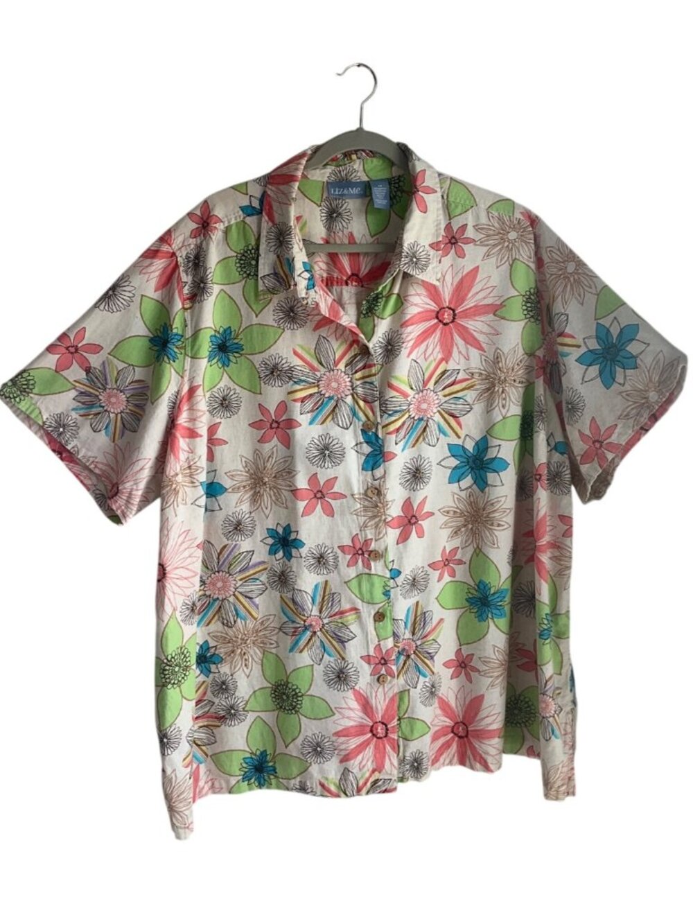 Liz Claiborne Liz & Me 4X Floral Print Button-Up Tunic Shirt Cotton Linen Bl Sho